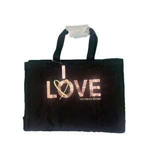 VICTORIA'S SECRET BLACK  SIGNATURE TOTE WITH ROSE GOLD SIGNATURE SHIMMER NWT